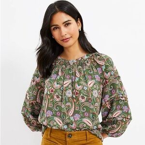 Loft Sz XL Green&Pink Paisley ruffled bishop sleeve top